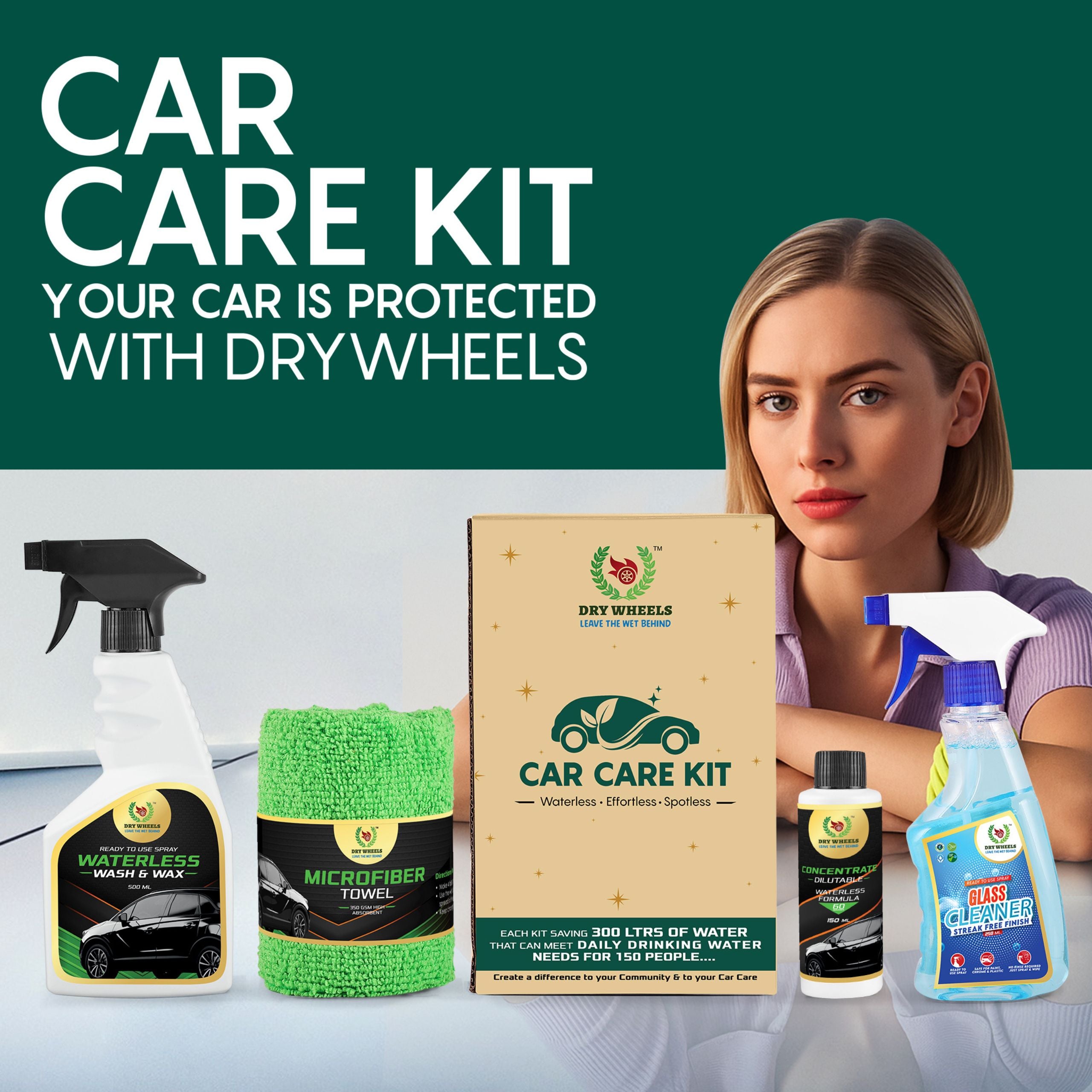 Car Care Kit – Waterless Wash & Wax, Glass Cleaner, Concentrate & Microfiber Towel / Waterless Car Wash & Wax Kit