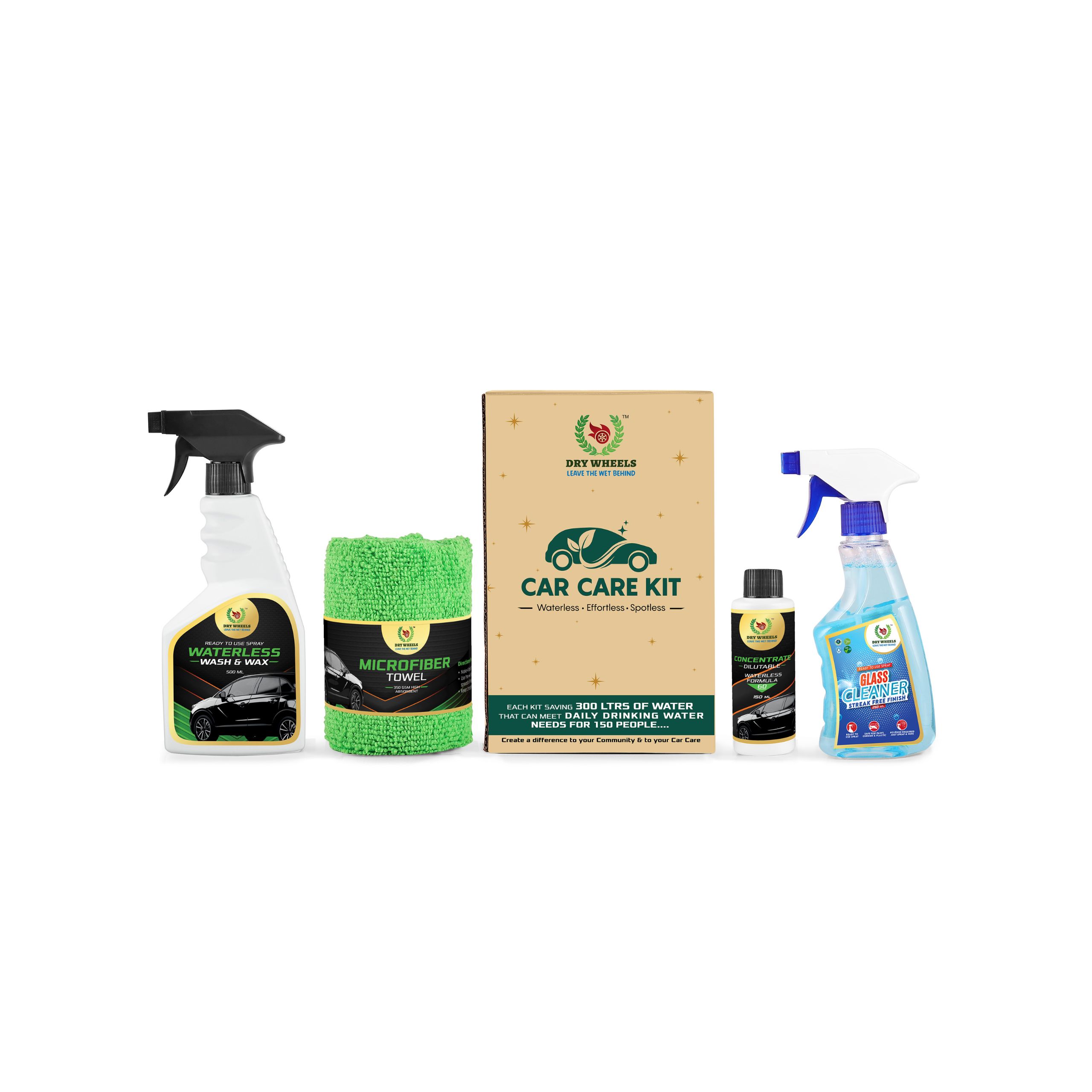 Car Care Kit – Waterless Wash & Wax, Glass Cleaner, Concentrate & Microfiber Towel / Waterless Car Wash & Wax Kit